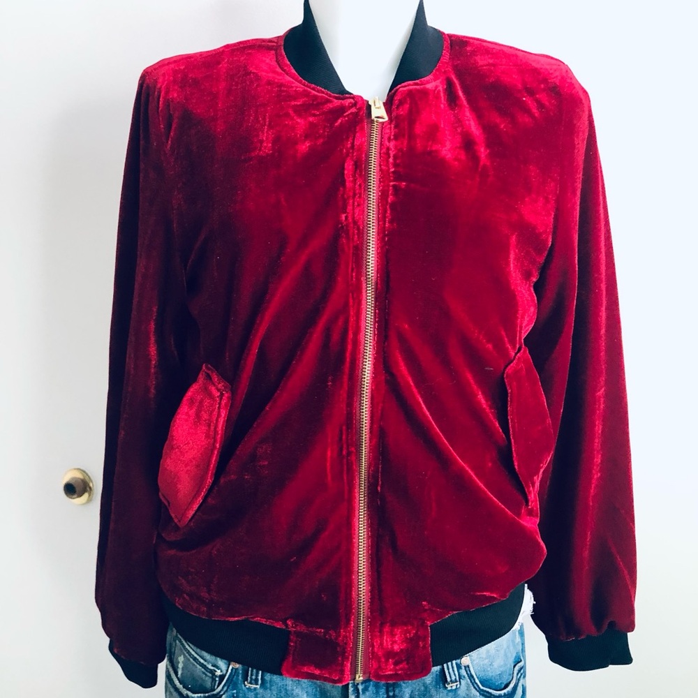 Forever 21 Rich Red Velvet Bomber Jacket
